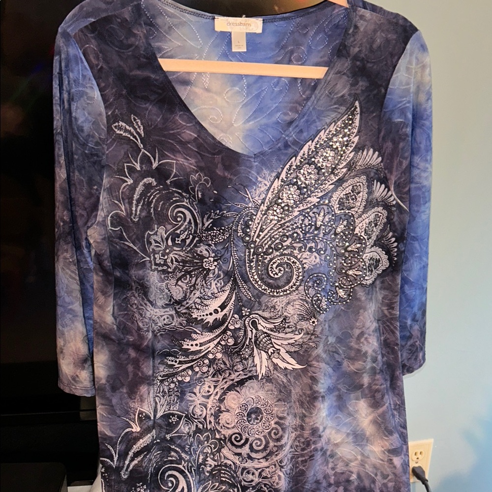Dressbarn Women’s Blue Paisley Long Sleeve w/Sequins Top-Size Large - Picture 1 of 6